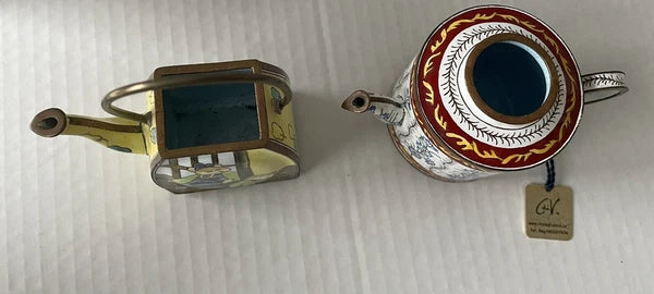 Enamel Mini Copper Hand Painted Teapot NO LIDS Miniature LOT OF 2 Vintage