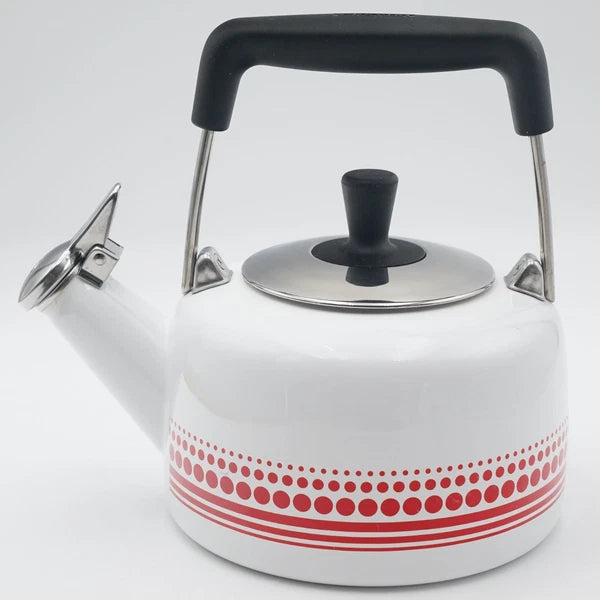 Chantal Enamel on Steel Sven Whistling Tea Kettle White Red Dot Pattern