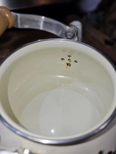 Vintage enamelware Cream / flowers tea kettle w wood handle - farmhouse-country