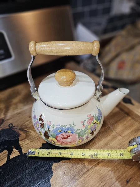 Vintage enamelware Cream / flowers tea kettle w wood handle - farmhouse-country