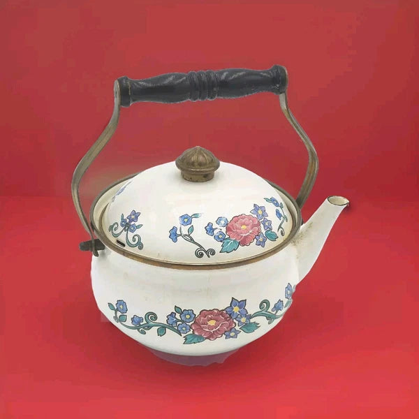 Vintage NORMANDY Enamel Metal Floral 8 Cup Teapot Tea Kettle Wood Handle 7 Inch