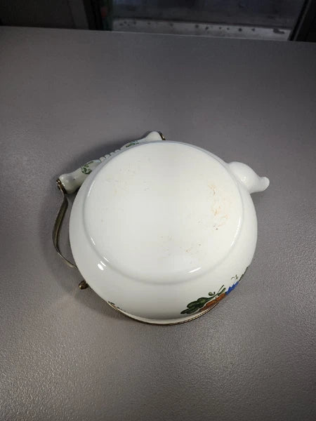 Vintage Enamelware Teapot Green Band Floral Flowers Metal & Ceramic Handle