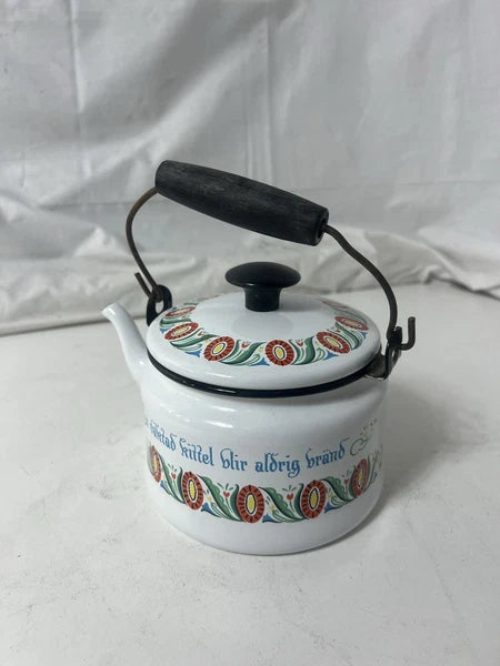 Swedish Folk ArtVINTAGE ENAMEL TEAPOT KETTLE ENAMELWARE script