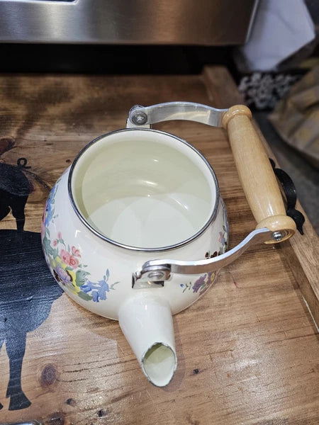 Vintage enamelware Cream / flowers tea kettle w wood handle - farmhouse-country