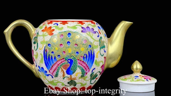 5" Marked Old China Enamel Porcelain Gilt Phoenix Peacock Teapot Teakettle