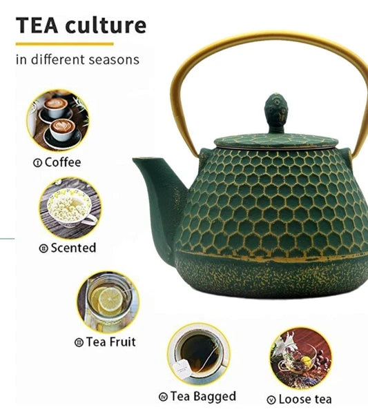 Cast Iron Tea Kettle Set 33.8oz Hexagon Pattern Teapot Set w cups green enamel