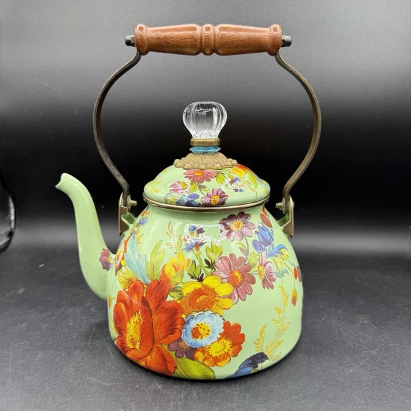 MacKenzie-Childs Green Flower Market Enamel 2qt Tea Pot Kettle Wood Handle EUC