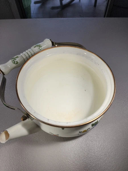 Vintage Enamelware Teapot Green Band Floral Flowers Metal & Ceramic Handle
