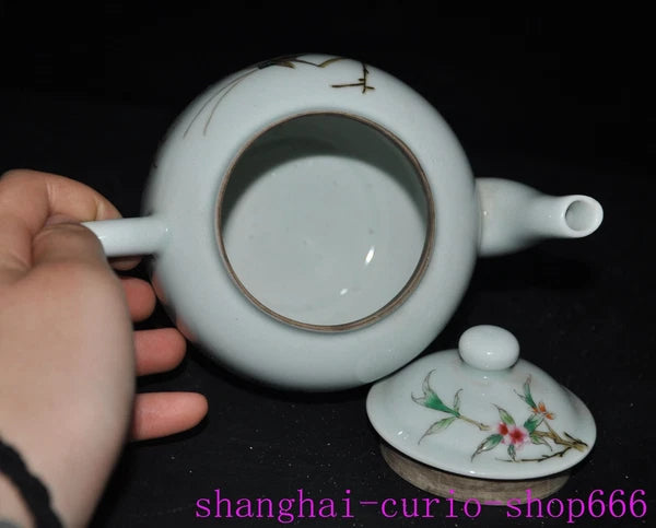 6"China Qing Yongzheng enamel porcelain shoutao Peach text Tea set Teapot statue
