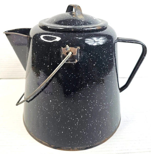 Vintage Black Enamelware Coffee Pot With Speckled Design Lid Camping Tea Kettle