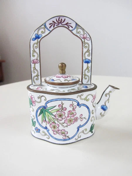 Kelvin Chen Enamel Miniature Teapot No. 868 Floral Roses Tall Handle