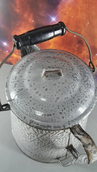 GRAY ENAMELWARE 11" COFFEE POT TEA KETTLE w/LID HANDLE FARMHOUSE CAMPING ANTIQUE