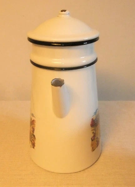 ANTIQUE SCREEN PRINTED PORCELAIN ENAMEL COFFEE MAKER OR TEAPOT