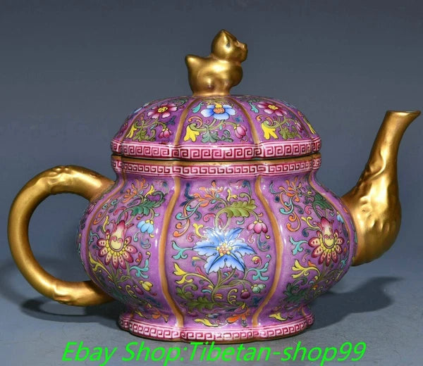 7'' Qianlong Marked Enamel Colour Porcelain Gold  Flower Wine Tea Pot Flagon