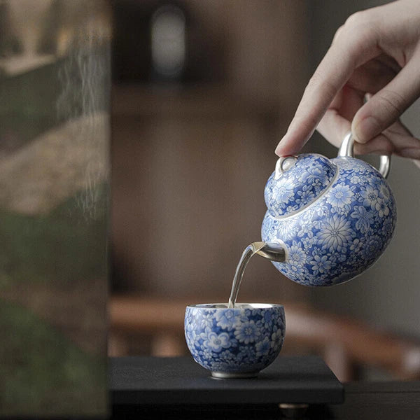 150ml Chiense Blue and White Teapot Enamel Colored Gilded Silver Pot Tea Maker