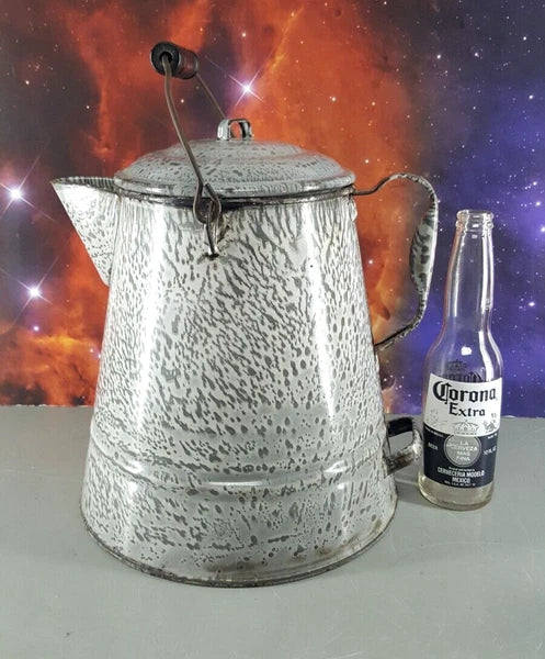 GRAY ENAMELWARE 11" COFFEE POT TEA KETTLE w/LID HANDLE FARMHOUSE CAMPING ANTIQUE