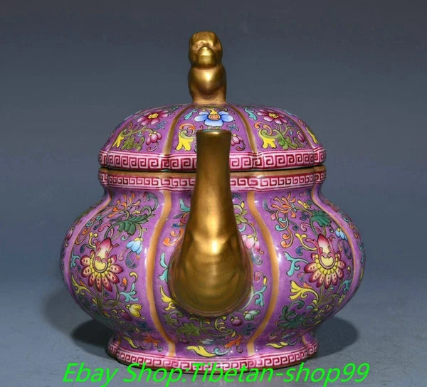 7'' Qianlong Marked Enamel Colour Porcelain Gold  Flower Wine Tea Pot Flagon