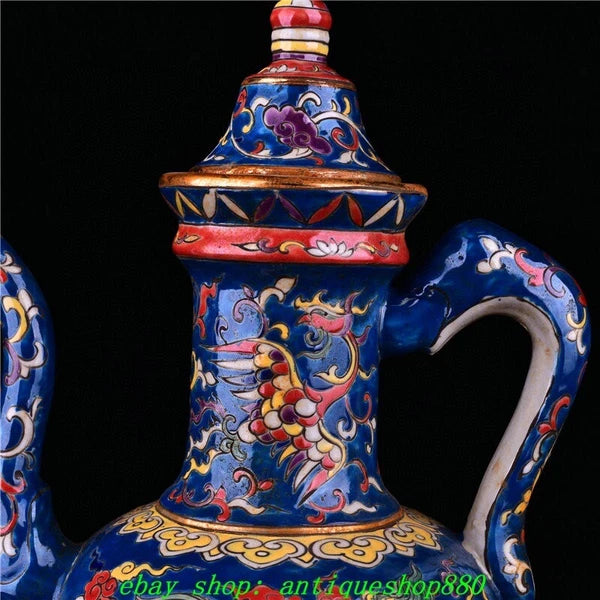 12.6''Ming Xuande Marked Enamel Colour Porcelain Dragon Wine Tea Pot Flagon