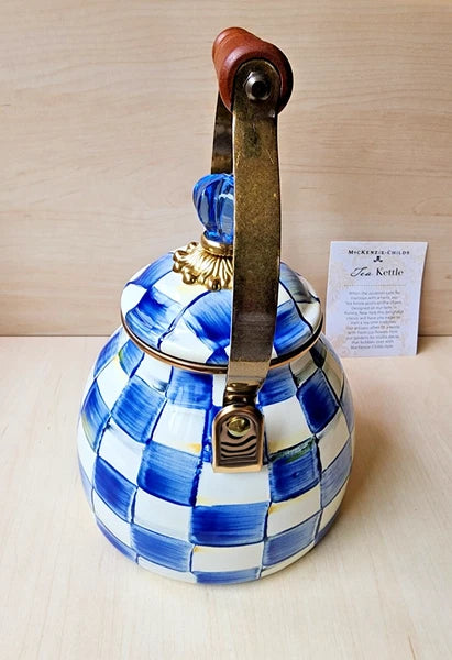 💙 Mackenzie Childs Blue Royal Check Enamel Tea Kettle Teapot - New