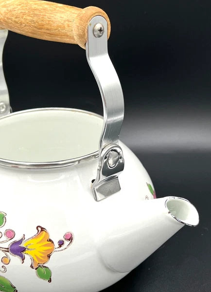 GAILSTYN SUTTON Vintage Enamel Ware Metal Teapot 1983 Floral Foliage II EUC