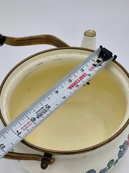 Vintage NORMANDY Enamel Metal Floral 8 Cup Teapot Tea Kettle Wood Handle 7 Inch