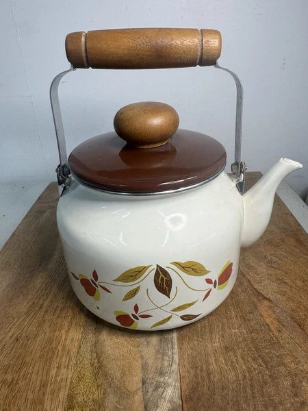 Hall Autumn Leaf Jewel Tea Enamel Metal Wood Handle Teapot Tea Kettle Rare