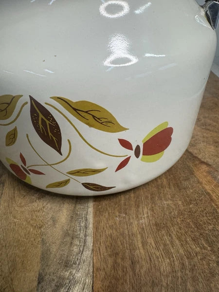 Hall Autumn Leaf Jewel Tea Enamel Metal Wood Handle Teapot Tea Kettle Rare
