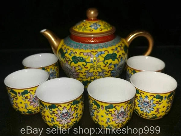 8" Old Chinese Qing dynasty Enamel Porcelain Gilt flower Tea pot Cup set