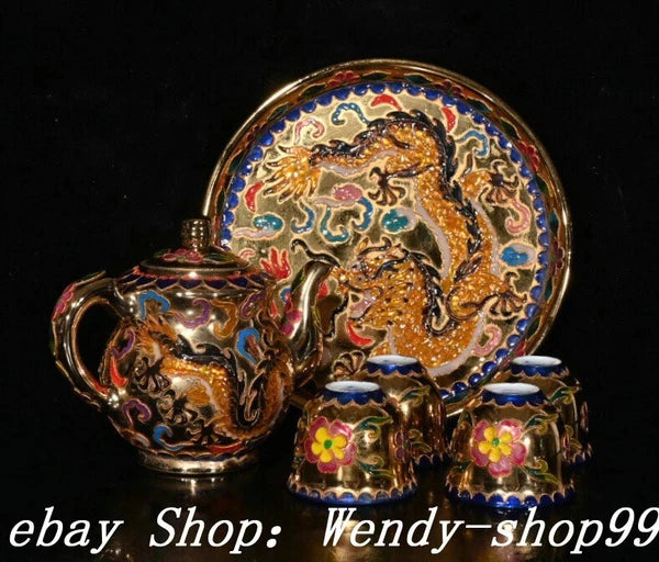 DaMing Chenghua Cloisonne Enamel Wucai Porcelain Dragon Teapot Cup Plate Set