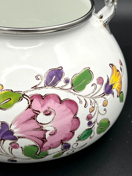 GAILSTYN SUTTON Vintage Enamel Ware Metal Teapot 1983 Floral Foliage II EUC