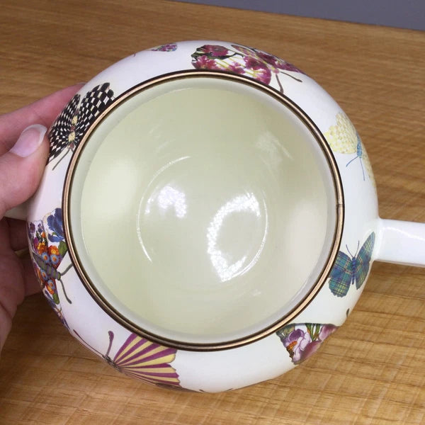 MacKenzie Childs Butterfly Garden White 4 Cup Enamel Teapot Kettle Small Retired