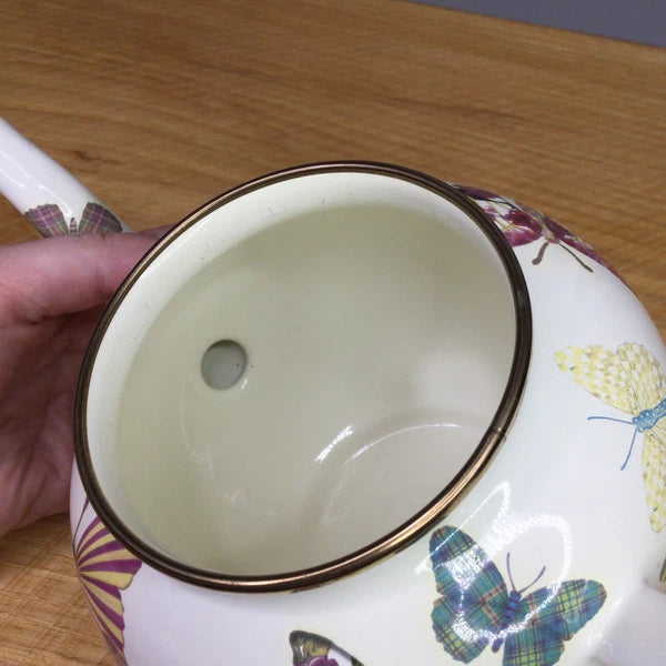 MacKenzie Childs Butterfly Garden White 4 Cup Enamel Teapot Kettle Small Retired