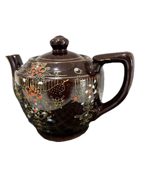 Brown Betty Redware Teapot Occupied Japan Moriage Enamel Hand Painted Vintage
