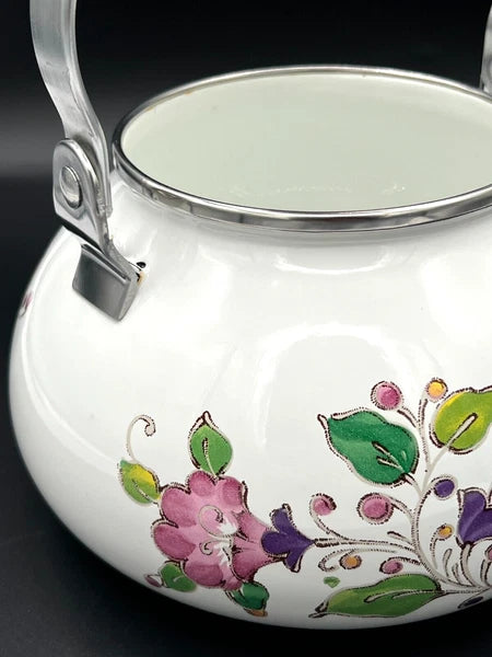 GAILSTYN SUTTON Vintage Enamel Ware Metal Teapot 1983 Floral Foliage II EUC