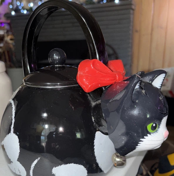 Vintage 1995 Via Ancona Metal Whistling Cat Teapot With Bell Collar and Red Bow