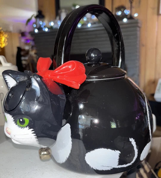 Vintage 1995 Via Ancona Metal Whistling Cat Teapot With Bell Collar and Red Bow