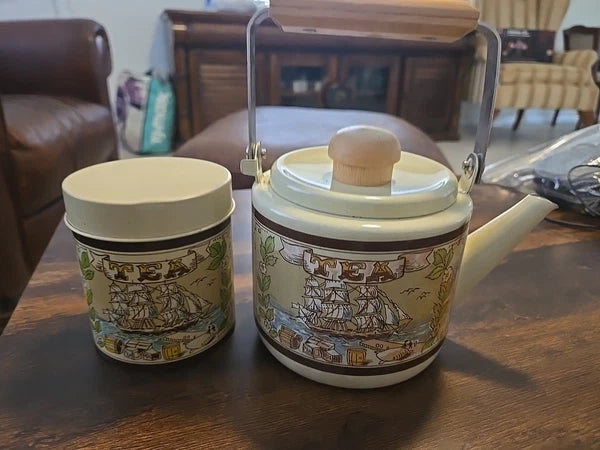 Vintage Beige Enamel Wear  Tea Pot & Tea Can Kettle Wood Handles, Sailboat 5"