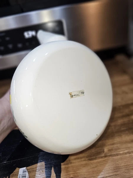 Vintage enamelware Cream / flowers tea kettle w wood handle - farmhouse-country