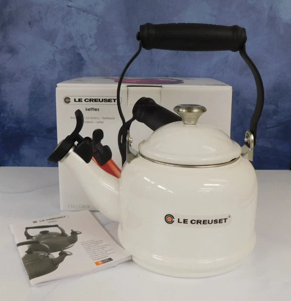Le Creuset Enamel on Steel 1.25 Quart Demi Tea Kettle, White- New
