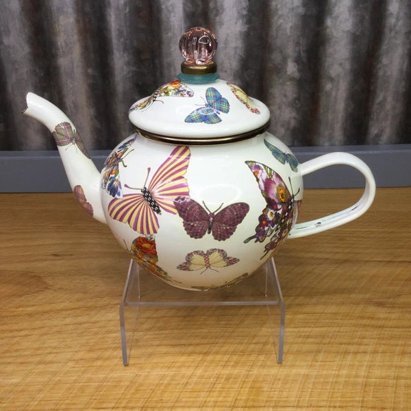 MacKenzie Childs Butterfly Garden White 4 Cup Enamel Teapot Kettle Small Retired