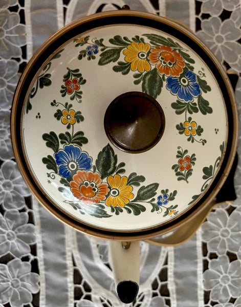 ASTA Enamelware Tea Kettle 1960s Amsterdam Teapot Brass Handles Floral 🌺
