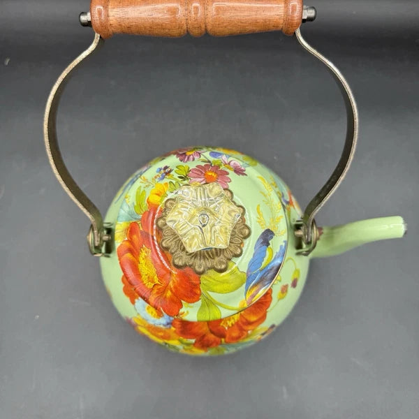 MacKenzie-Childs Green Flower Market Enamel 2qt Tea Pot Kettle Wood Handle EUC
