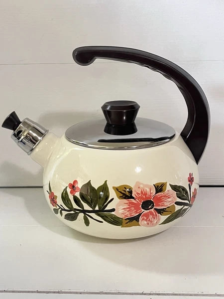 Vintage Bumper Harvest Enamelware Teapot Whistling Kettle Tea Pot