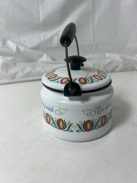 Swedish Folk ArtVINTAGE ENAMEL TEAPOT KETTLE ENAMELWARE script
