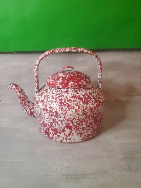 VTG Red Enamelware Splatter Graniteware Tea Kettle Teapot