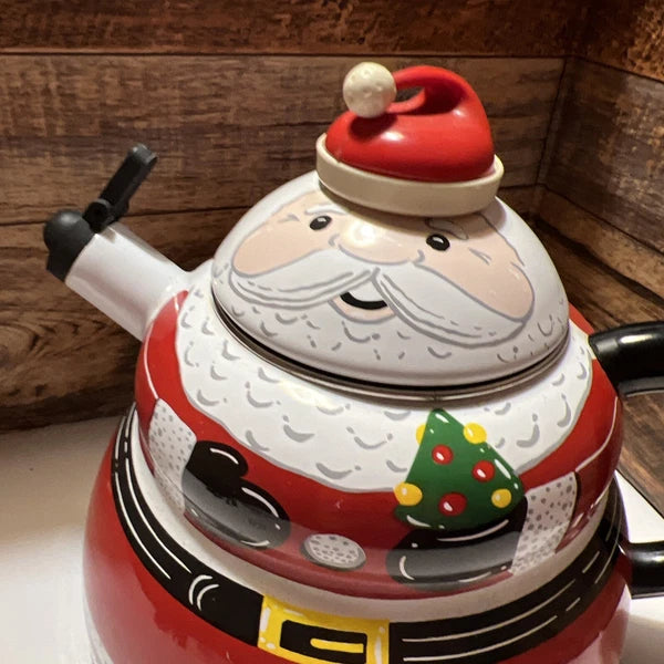 ROSHKO PORCELAIN Enamel on Steel Santa StoveTop Whistle Kettle Pot 3QT Christmas