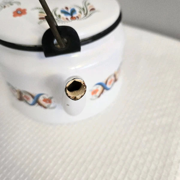 Vtg Enamelware Teapot Tea Kettle Pennsylvania Dutch Look Folk Art READ