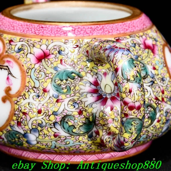 5.1"Qing Qianlong Enamel Colour Porcelain Gold Flower Bird Wine Tea Pot Flagon