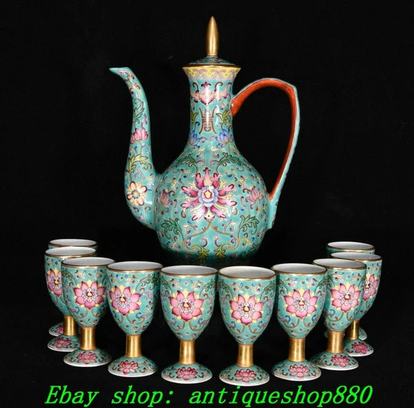 7.8''Qing Yongzheng Marked Enamel Colour Porcelain Flower Tea Pot Cup Mug Set