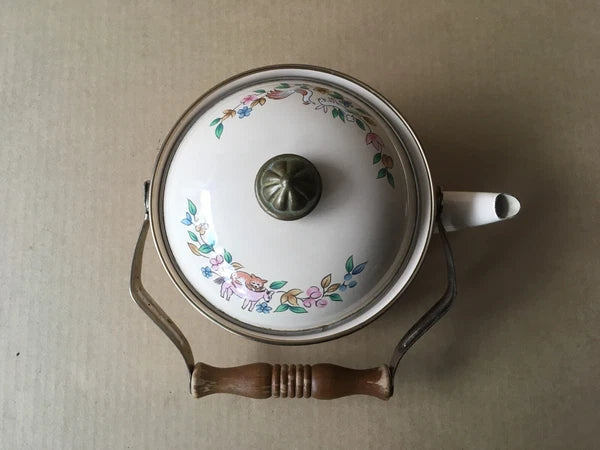 Vintage Enamelware Teapot w/Dutch Farm Scene & Wooden Handle, 9" Ht, 7 1/8" Diam